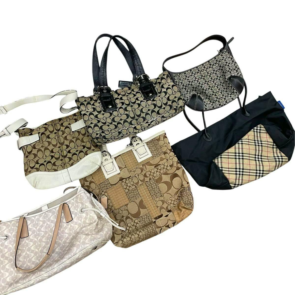 Multiple branded canvas handbags (COACH and Burberry styles) arranged on a white background.