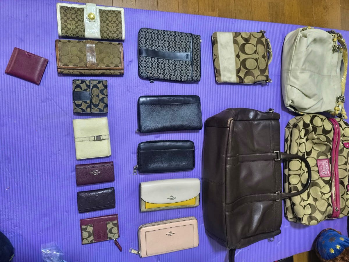 Multiple Coach and other wallets and handbags from the 20-piece set arranged on a purple mat.