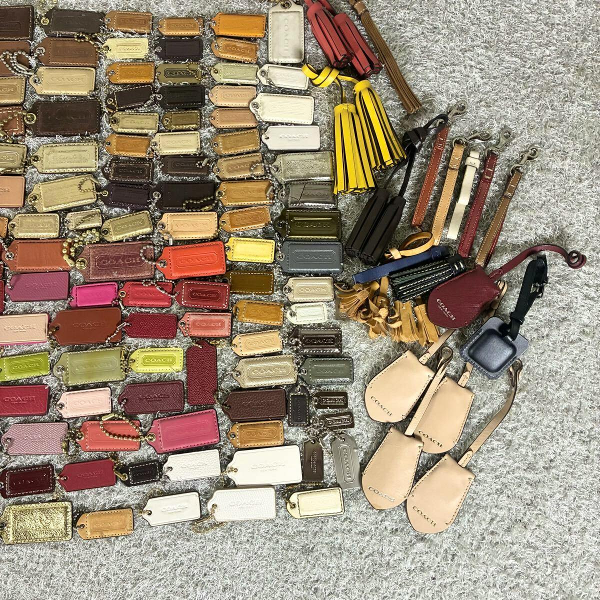 Many COACH leather bag charms and tag keychains arranged in rows on a gray carpet, showing assorted colors and tassels.