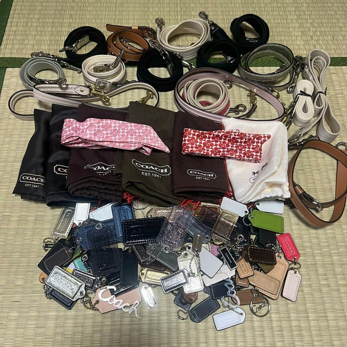 A laid-out set of Coach straps, leather tags, metal charms, and keyrings arranged on a mat.