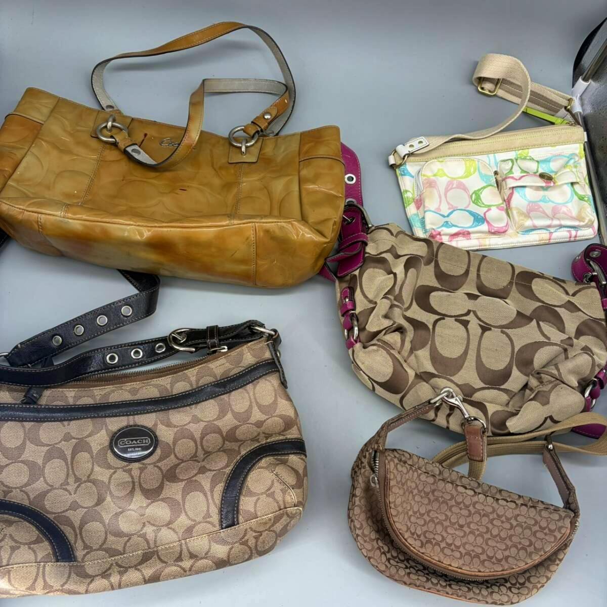 Several Coach bags and pouches in various materials and colors arranged on a flat surface, including signature canvas and leather styles.
