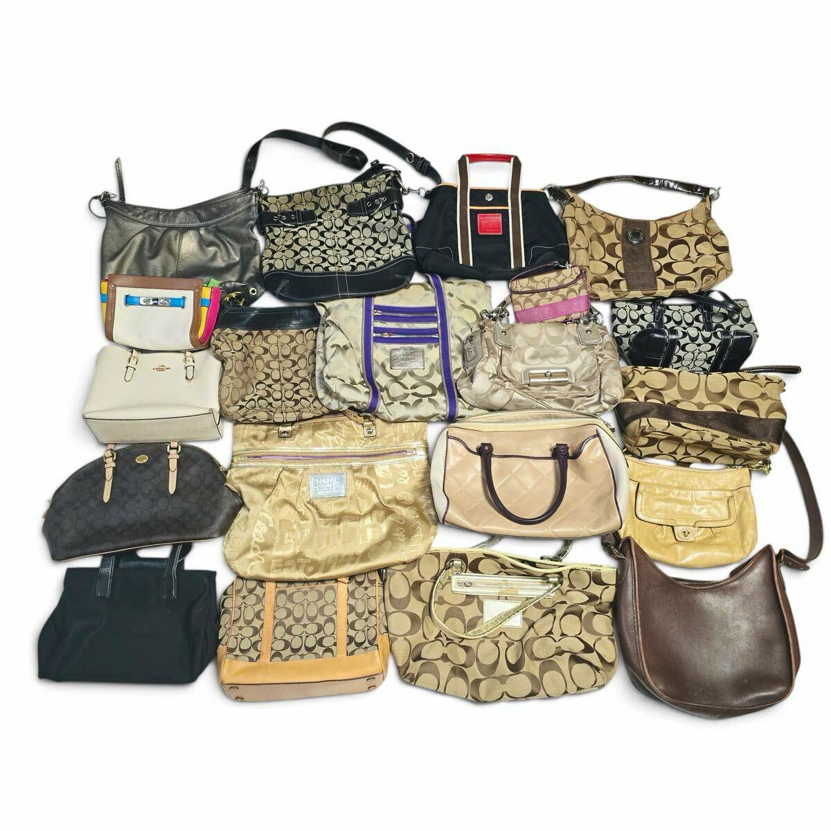 A collection of COACH bags and purses arranged on a white background, showing multiple signature 'C' canvas and leather styles.