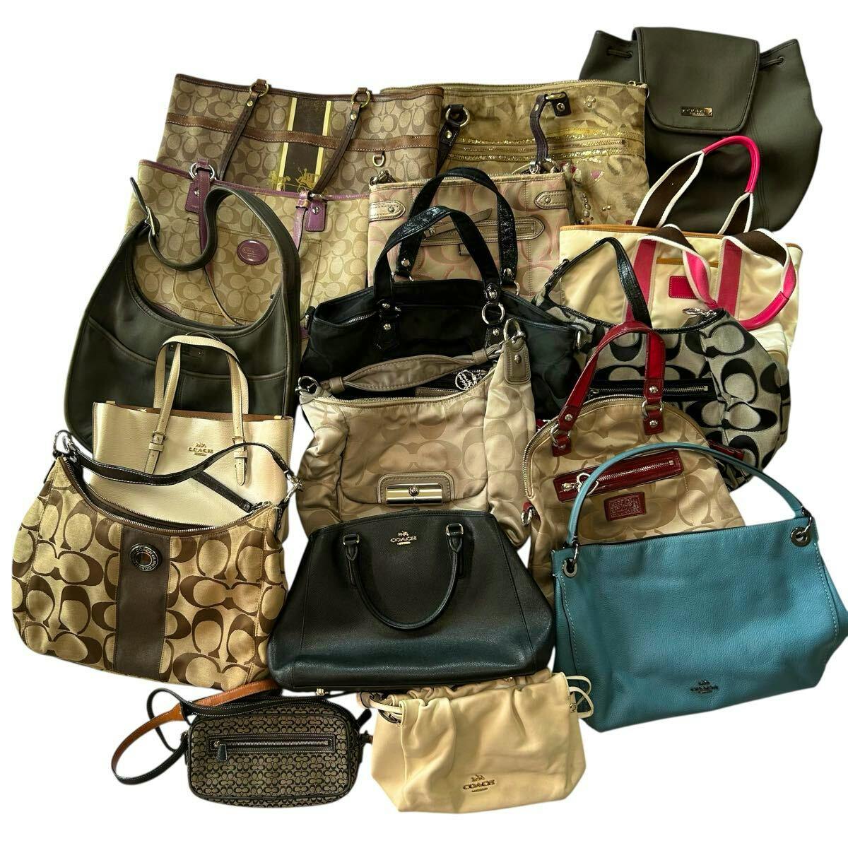 A collection of COACH handbags and purses in various styles and colors arranged together on a white background.
