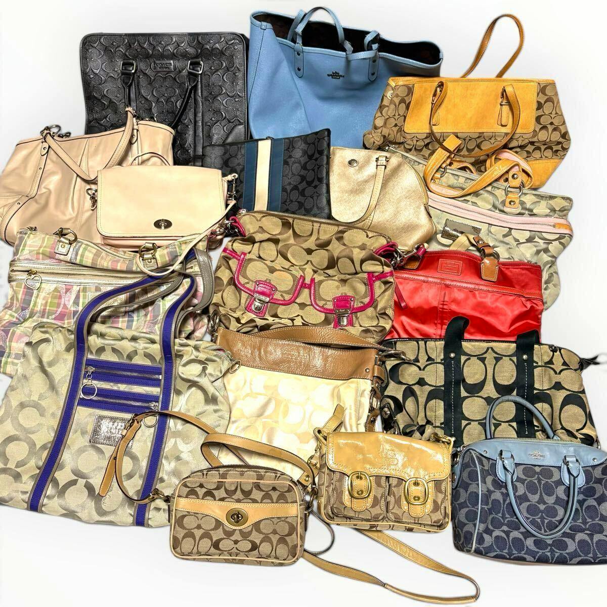 Multiple Coach bags and purses arranged together on a white background, showing different colors and styles.