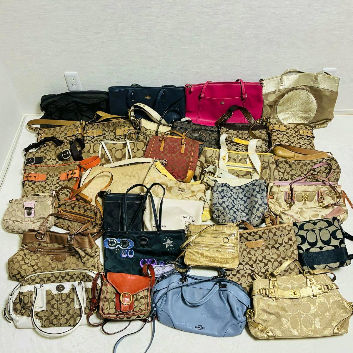 A collection of Coach canvas bags in various styles and colors arranged on a floor, showing signature Coach patterns.