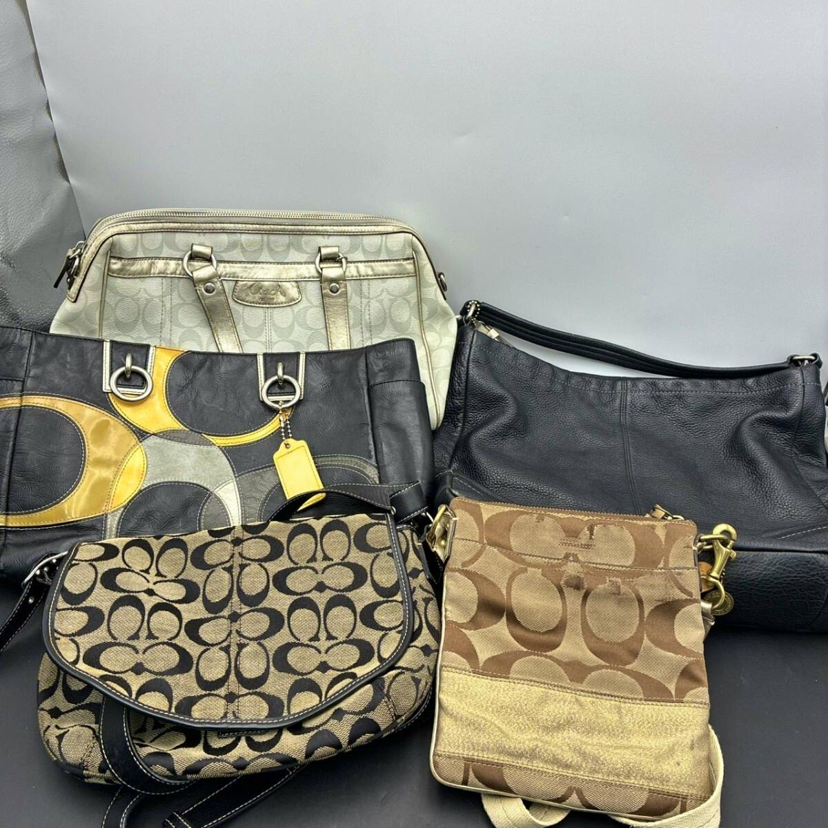 Five COACH bags in different styles and colors arranged together on a plain background.