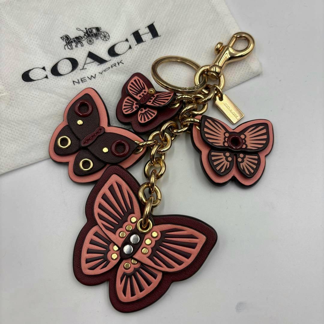 Pink Coach butterfly bag charm key holder featuring multiple butterfly leather charms with studs and a gold-tone chain and clasp, shown on a white surface and a Coach dust bag.