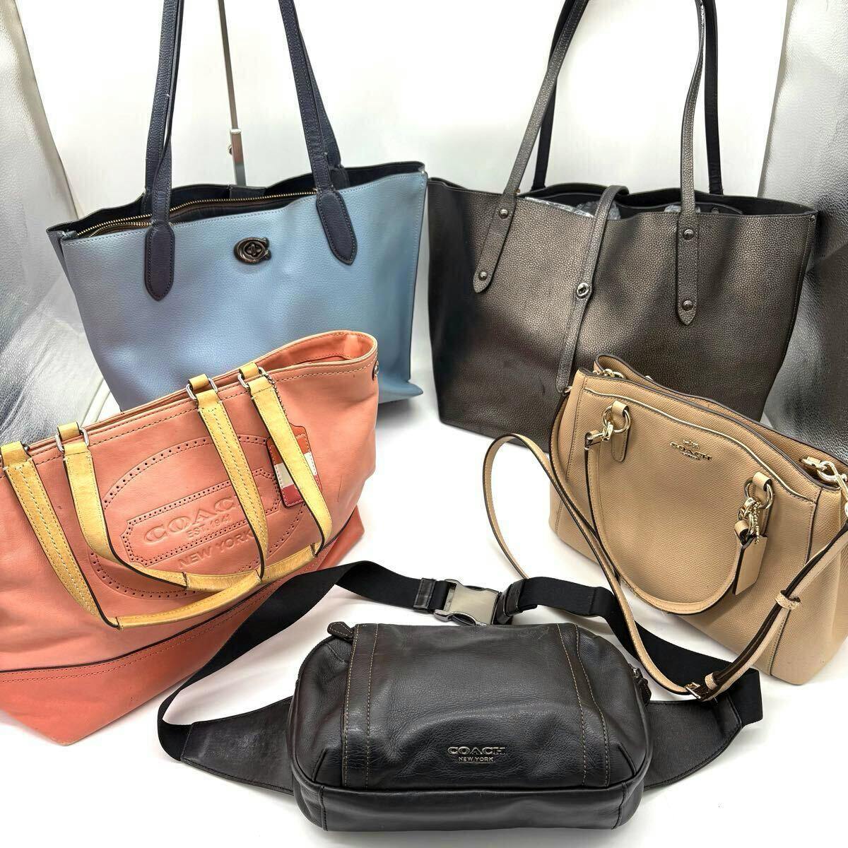 Five Coach bags of varying styles and colors arranged on a white background with a black leather waist/body bag placed at the front.