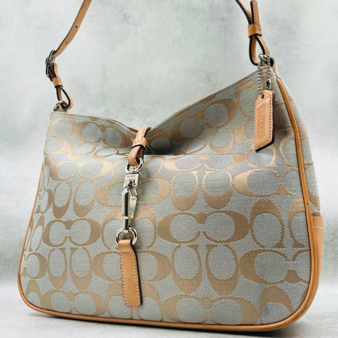 Coach one-shoulder canvas bag showing the signature 'C' pattern, leather trim, a hanging leather tag, and metal clasp hardware.