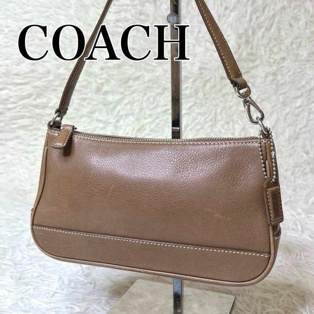Brown COACH accessory pouch one-shoulder bag hanging on a stand against a white textured background.