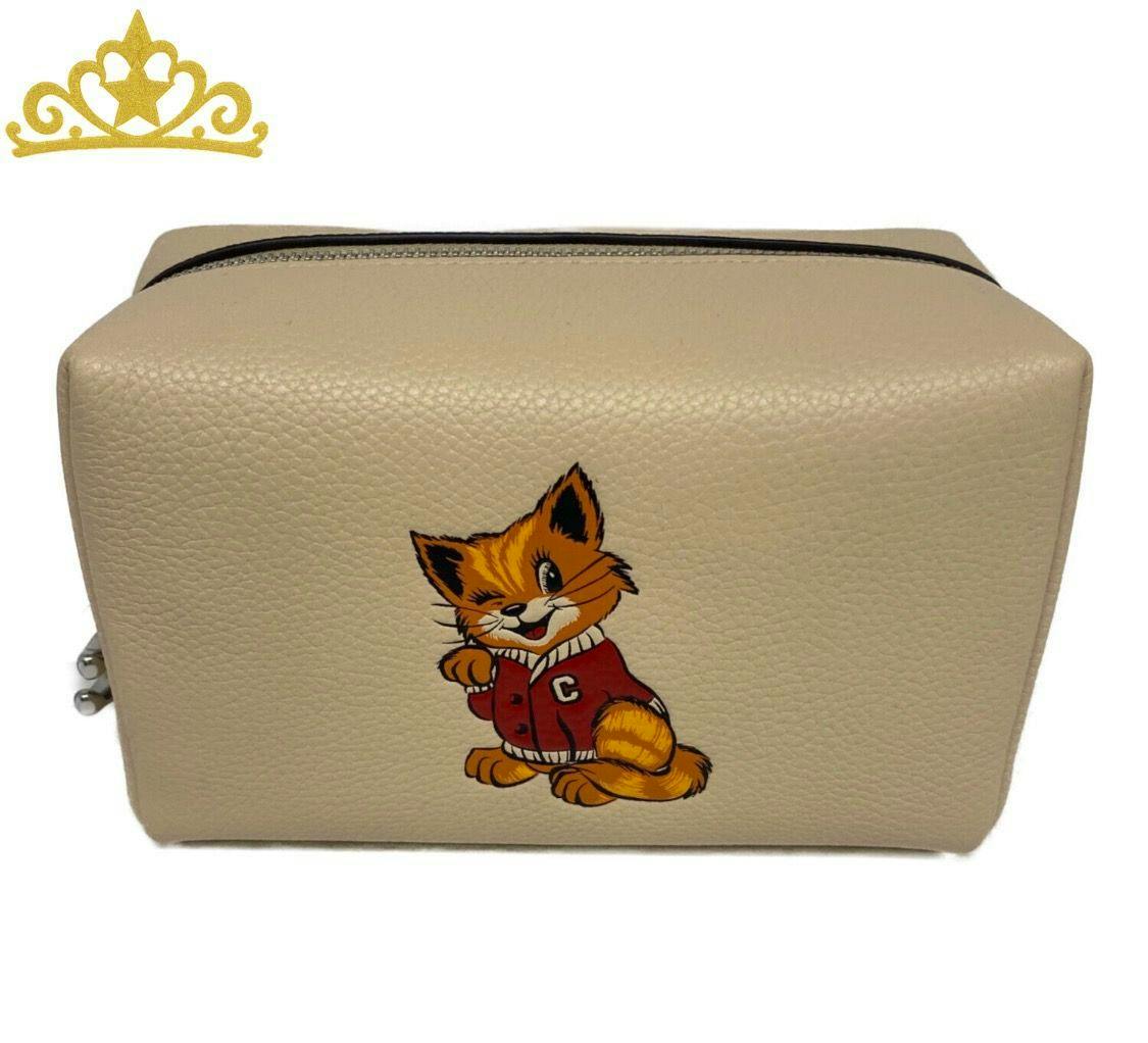 Beige cow-leather pouch with a printed cartoon cat wearing a red jacket and a top zipper.