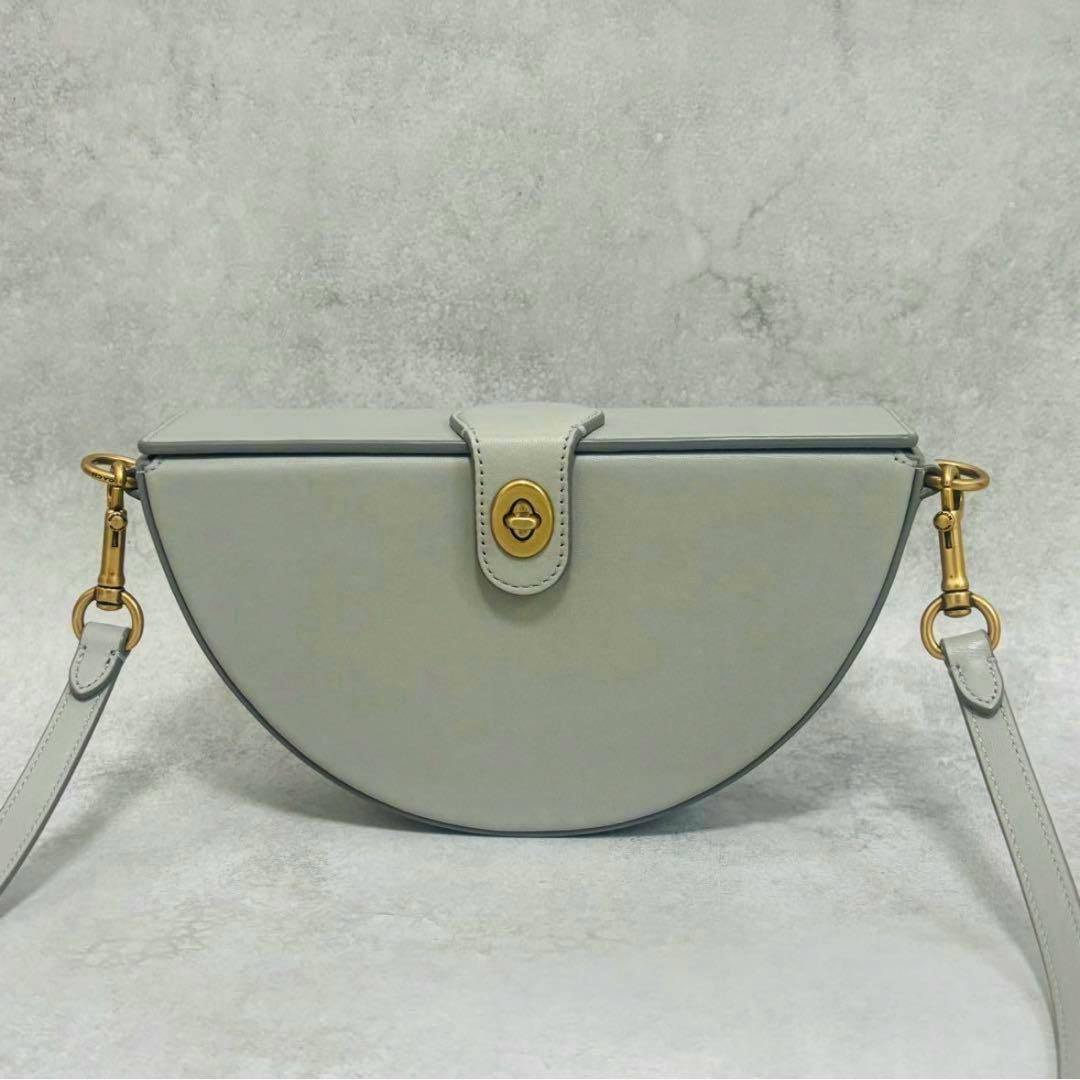 Front view of the Coach Cityblocks semi-circle cow leather crossbody bag in light gray with a gold-tone turn-lock and detachable strap.