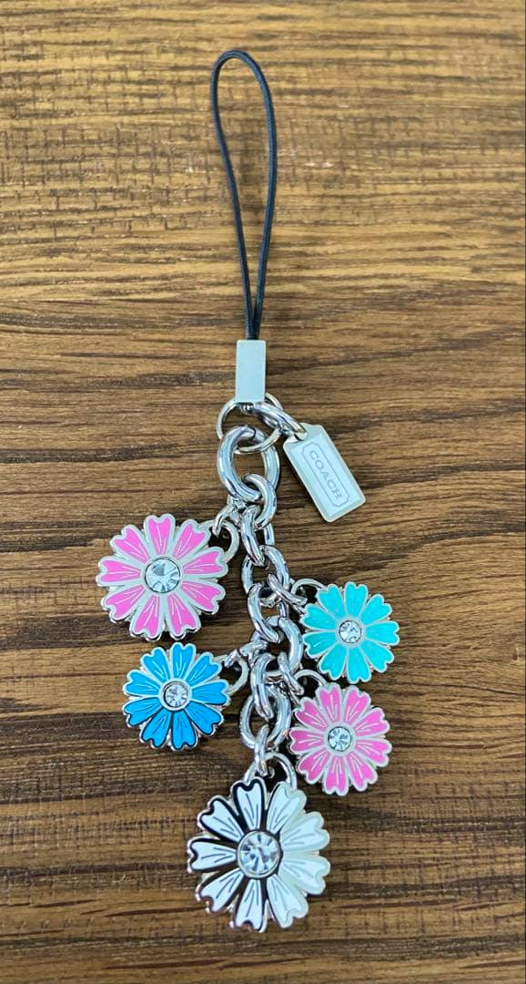 Silver-tone Coach bag charm strap with five colorful enamel flower charms on a chain, photographed on a wooden surface.