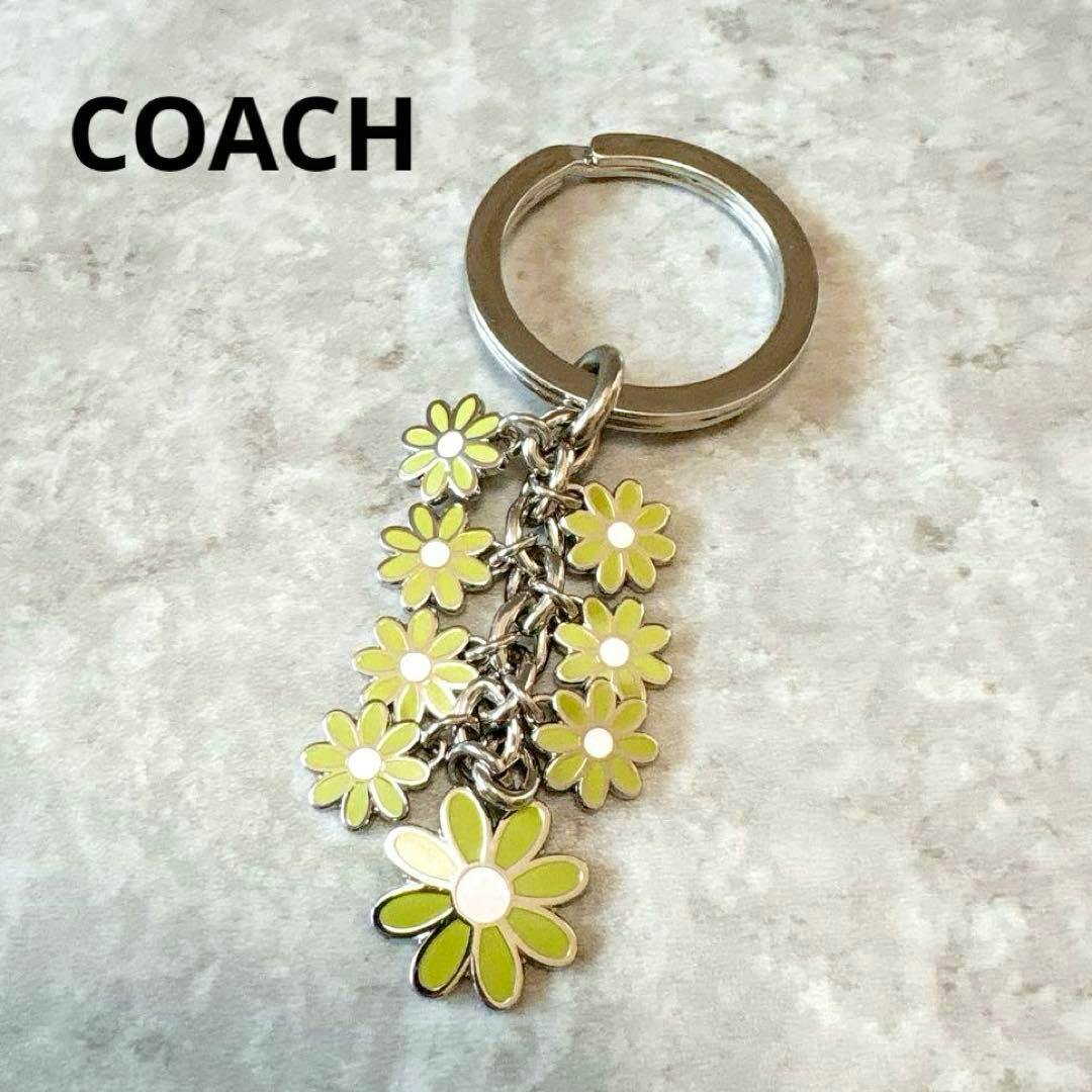 Silver COACH key ring with multiple green enamel daisy charms hanging from a short chain on a gray textured background.