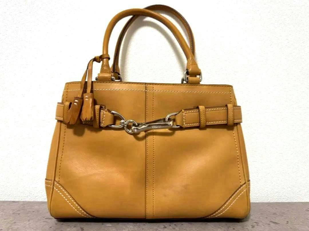 Front view of the brown COACH Hamptons leather carryall bag with double top handles and metal hardware.