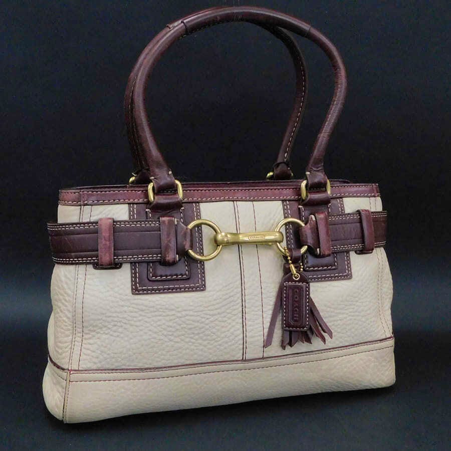 Front view of a beige and brown COACH handbag with double handles, gold-tone metal hardware, and a leather tassel tag.