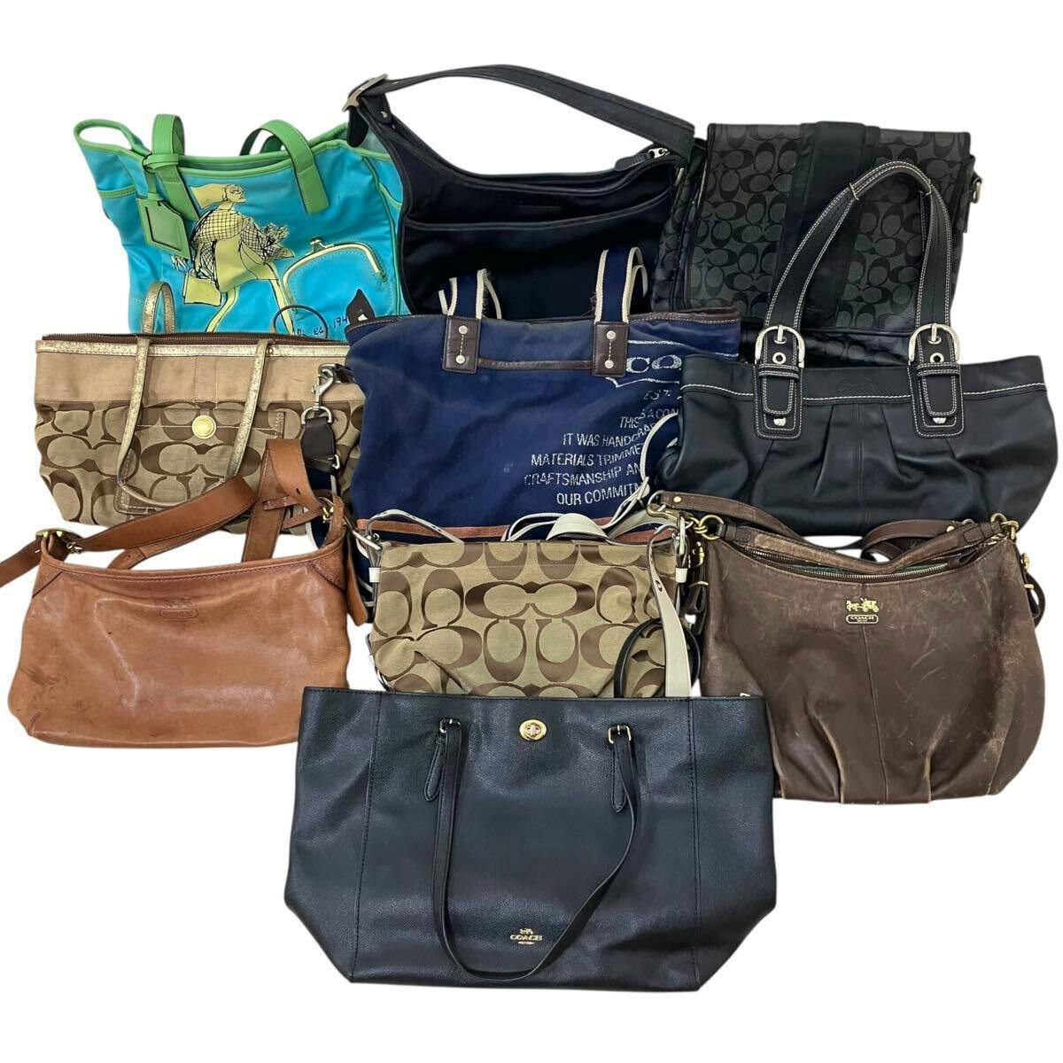 A group of Coach handbags and totes arranged together on a white background.