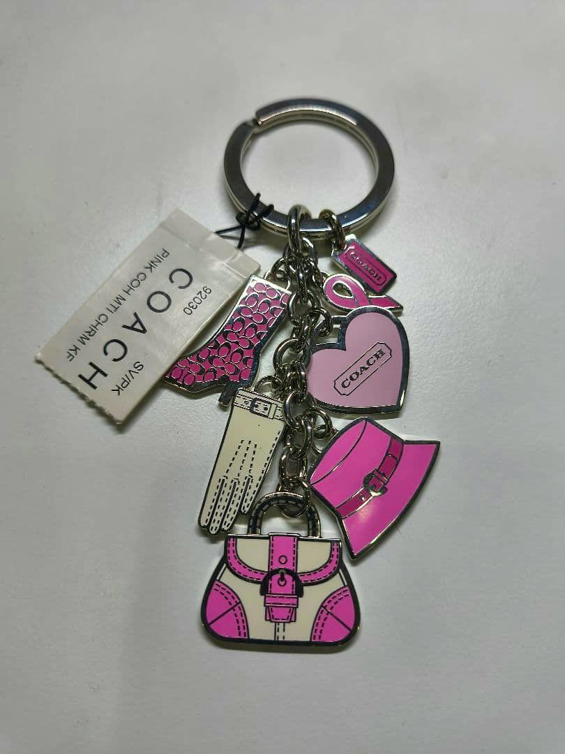 Silver key ring with multiple pink Coach charms including a heart, hat, glove, and handbag.