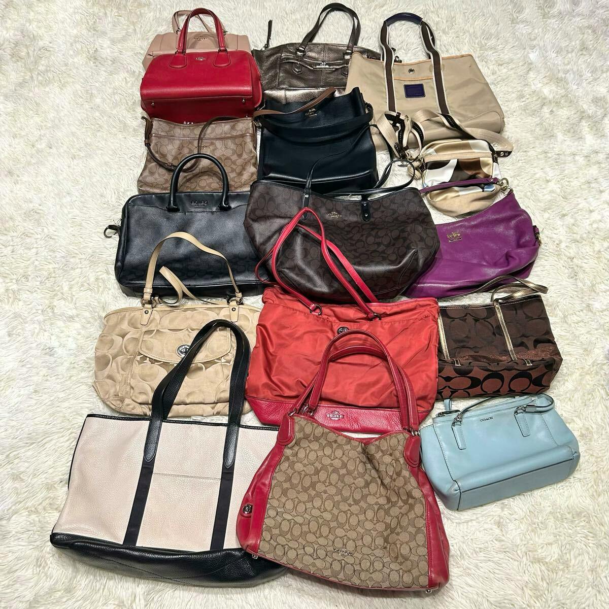 Multiple Coach bags and totes in various colors and materials arranged on a rug for a bulk lot.