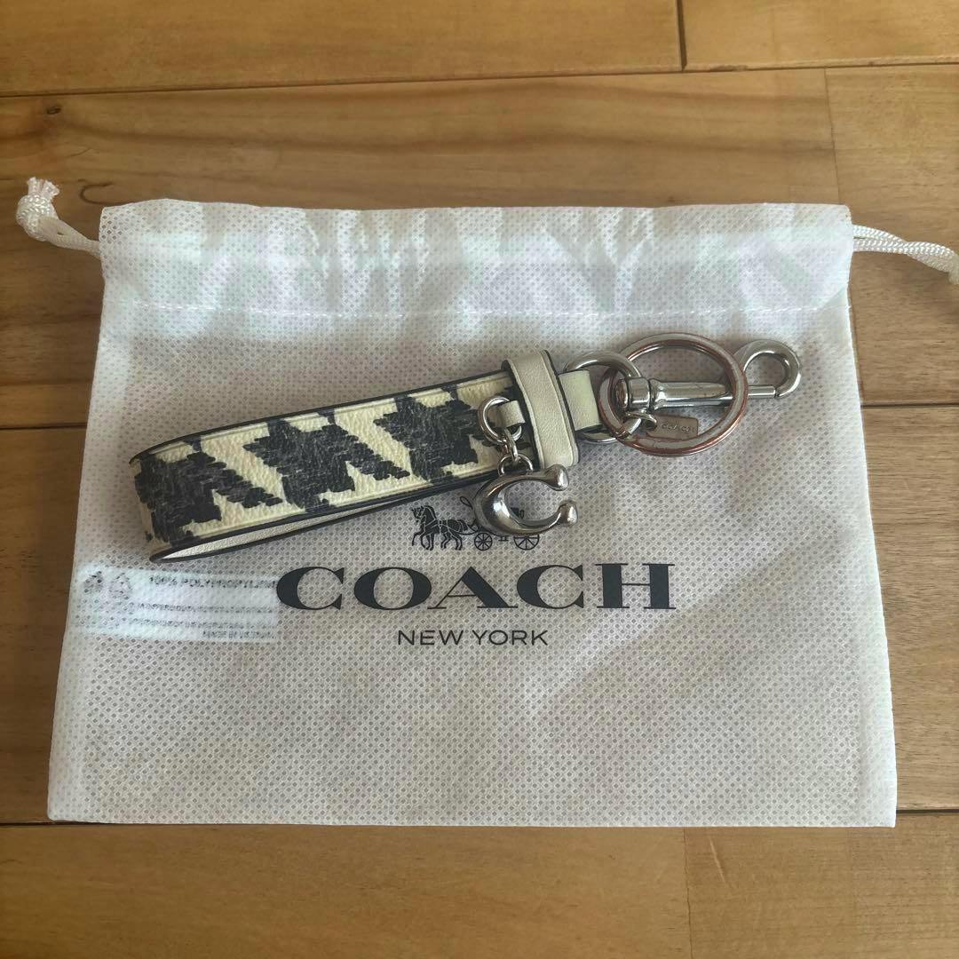 COACH keyring with a patterned strap, metal rings, and a 'C' charm placed on a COACH drawstring pouch.