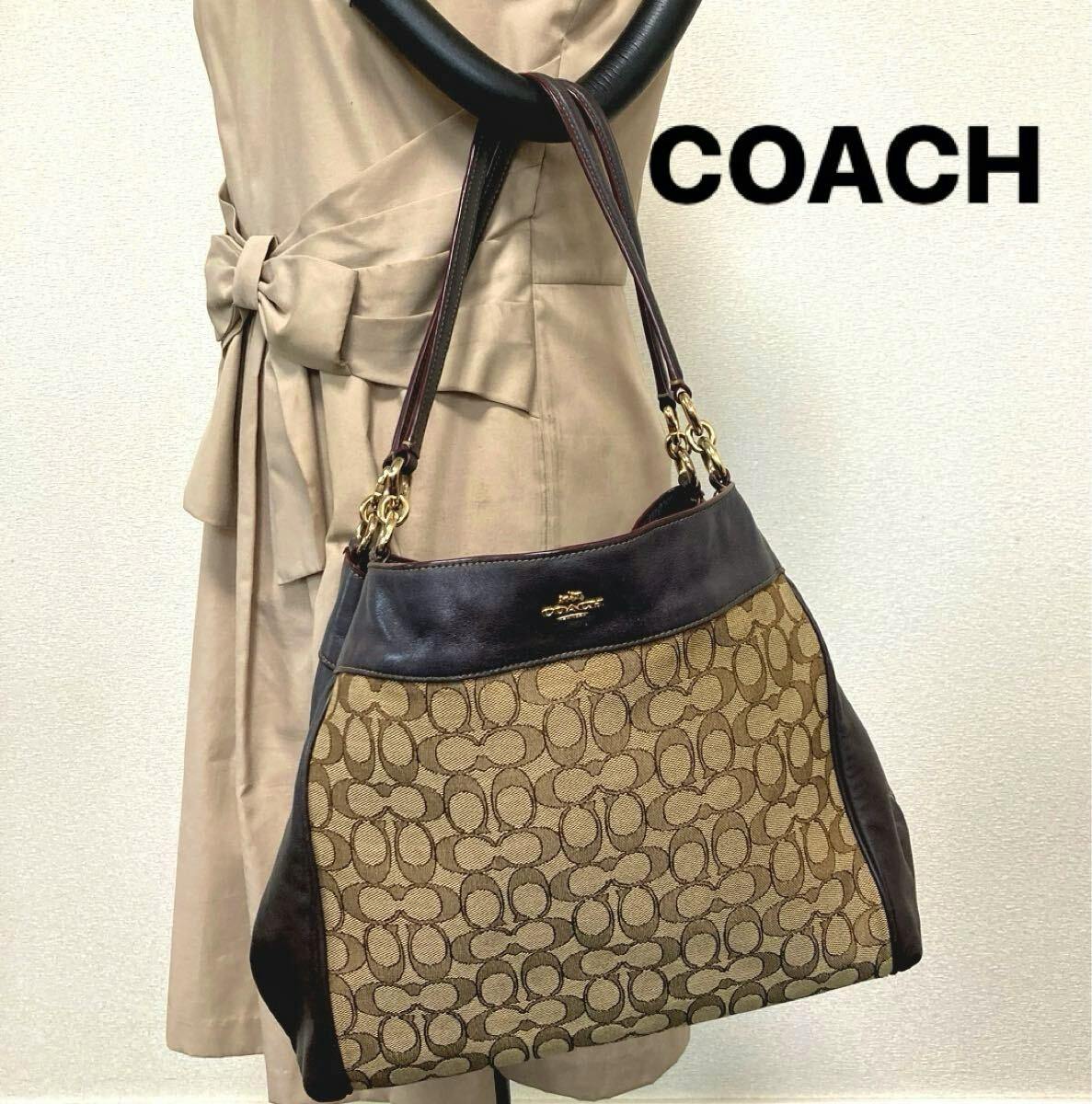 A Coach canvas tote bag with signature 'C' pattern and dark leather trim hanging on a dress form.