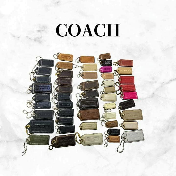 Several COACH leather bag charms/keychain tags in various colors arranged in rows on a light background with the COACH logo above.