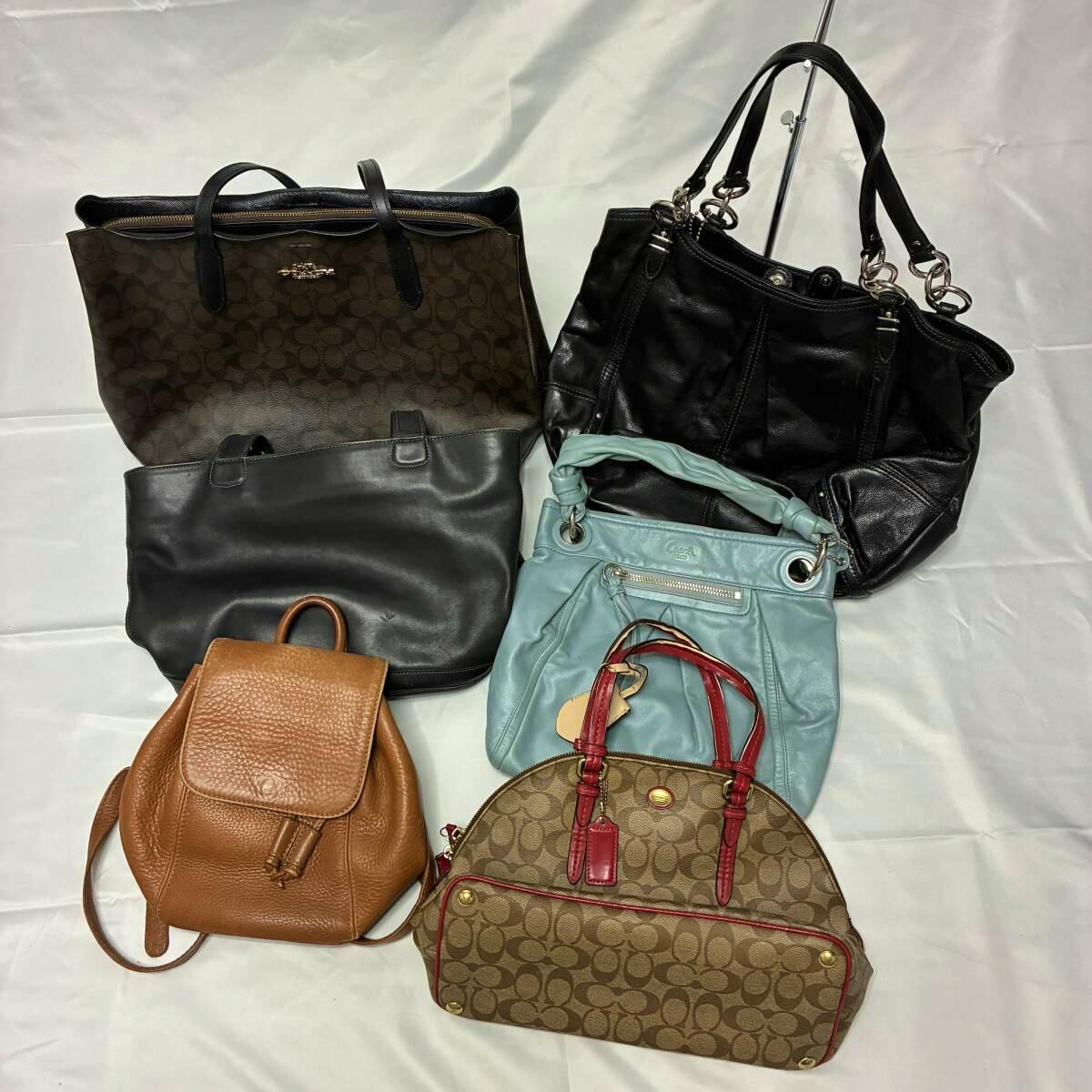 Six Coach leather bags laid out on a white backdrop showing a mix of monogram and solid-color styles as a six-piece set.