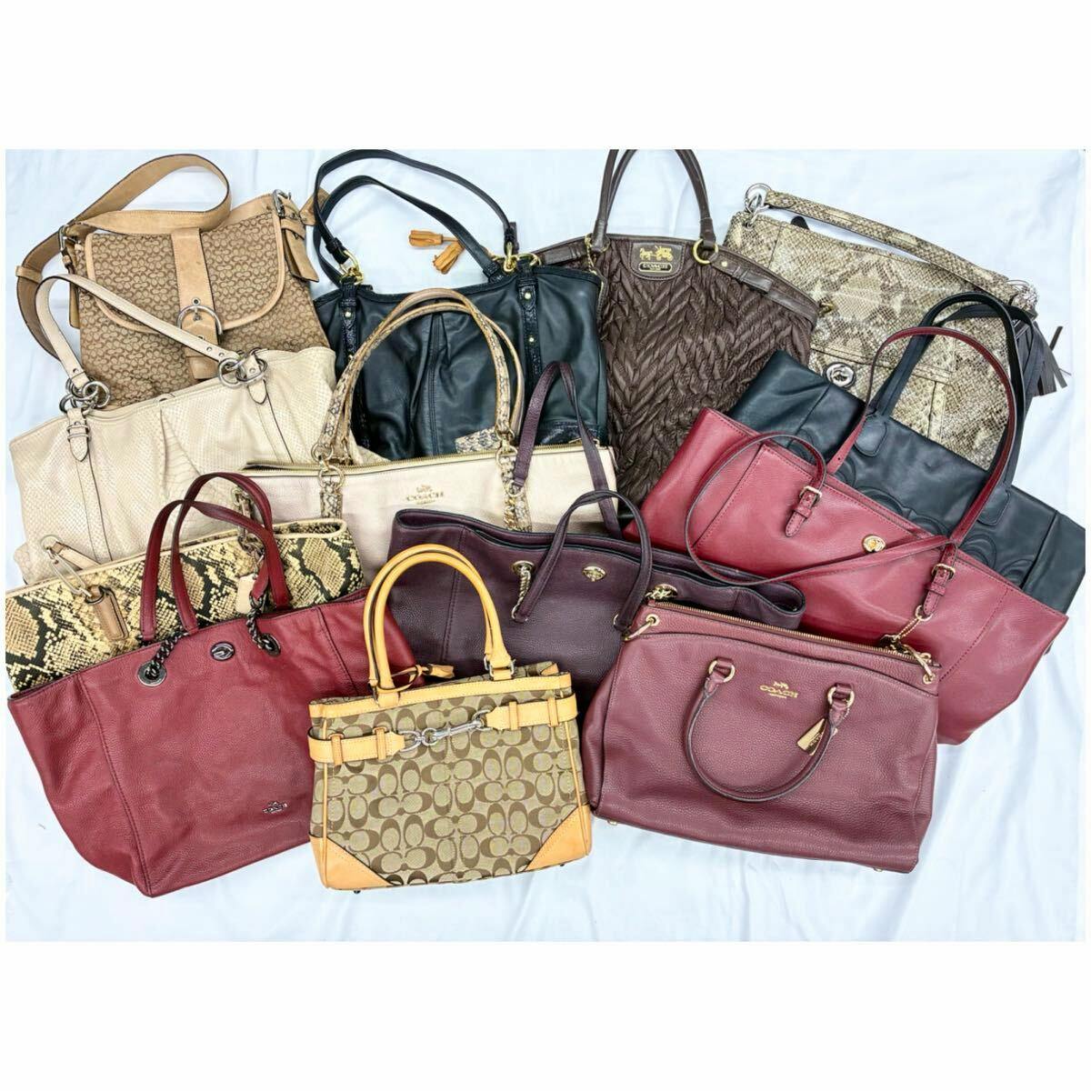 Multiple COACH leather handbags and totes arranged together on a white background.