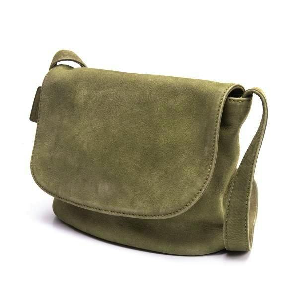 Khaki leather flap shoulder bag shown at a three-quarter front view on a white background.