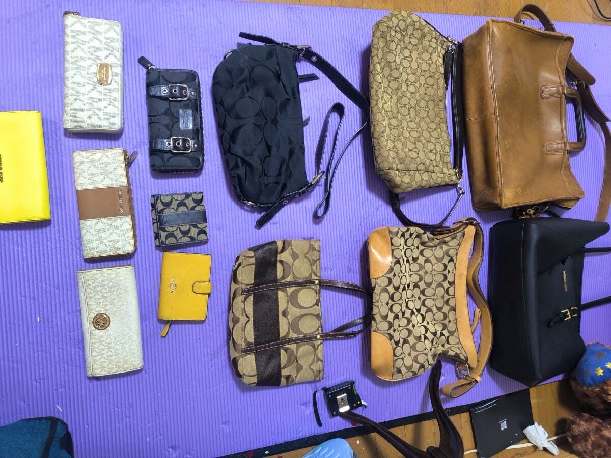 Top-down photo of multiple Coach and Michael Kors bags and wallets laid out on a purple mat, showing the full bulk set.
