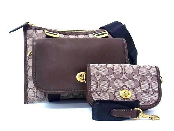 Brown Coach crossbody set showing signature jacquard canvas bag, leather-flap front compartment, and small Dinky pouch with gold hardware and black strap.