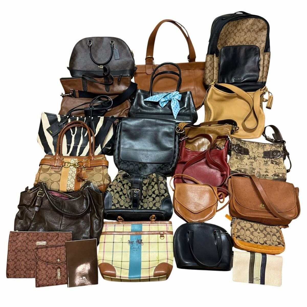 Multiple Coach bags and small leather goods arranged together on a white background.