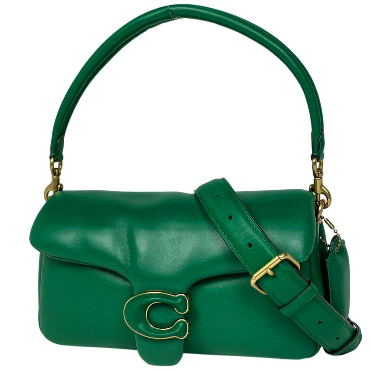 Green COACH Pillow Tabby 26 2WAY leather bag shown from the front with top handle, shoulder strap, and gold C clasp.