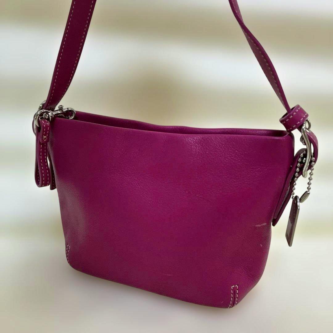 Pink cow-leather Coach accessory pouch one-shoulder bag shown at an angled front view with strap and metal tags.