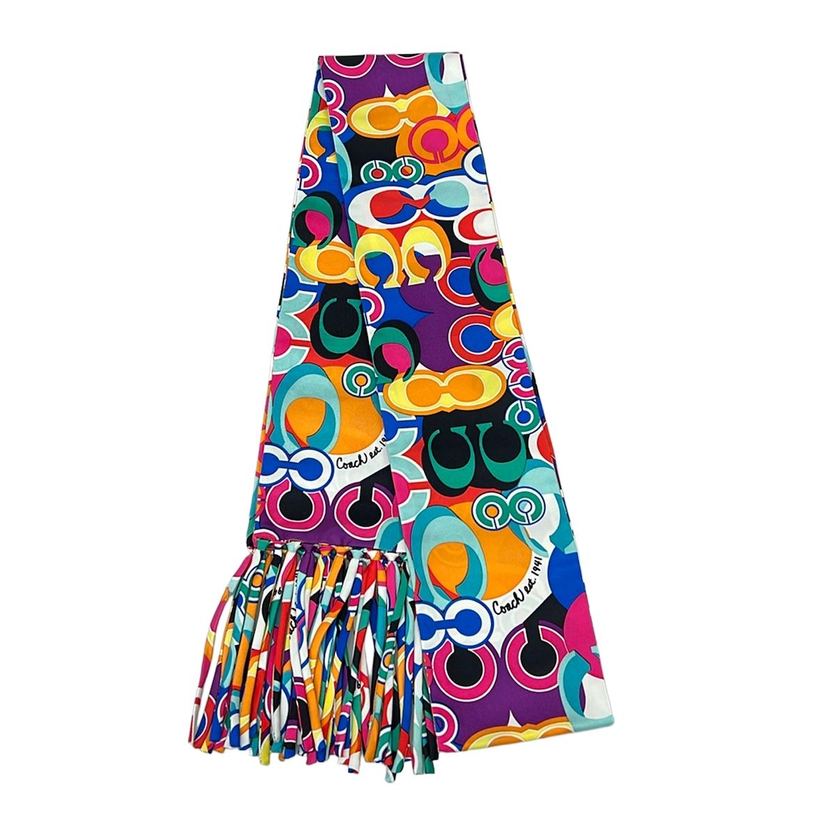 Photo of the COACH purple, light blue, and multicolor ribbon scarf with fringe laid flat.