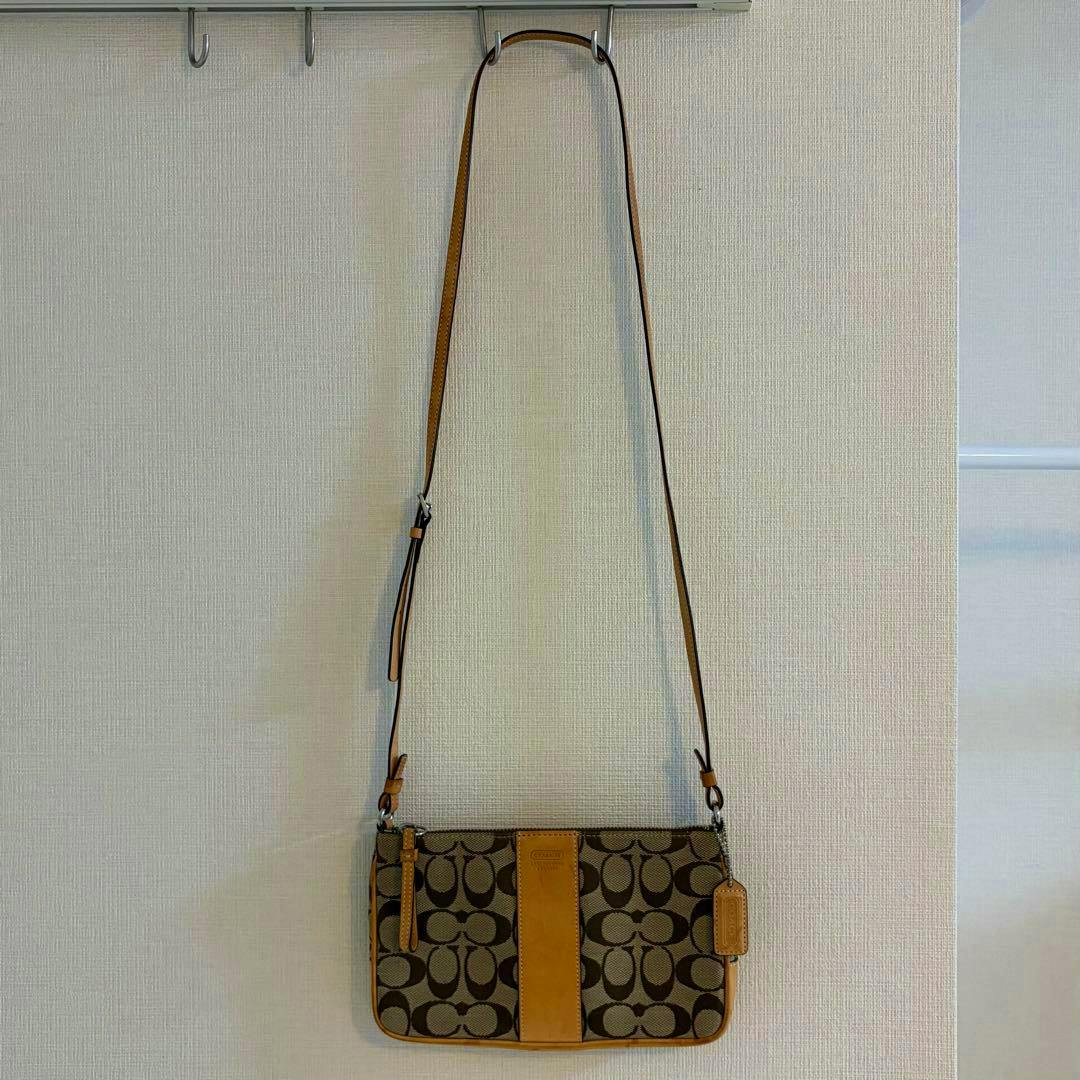 A Coach canvas shoulder bag with signature C pattern, a tan leather center strip, and an adjustable shoulder strap hanging on a wall.