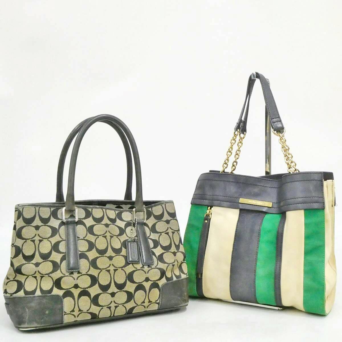 Two tote bags side by side, including a Coach signature canvas tote and a striped SeeByChloé tote.
