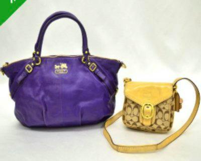 Two Coach bags on a white background: a purple handbag and a tan signature mini shoulder bag with yellow leather trim and strap.