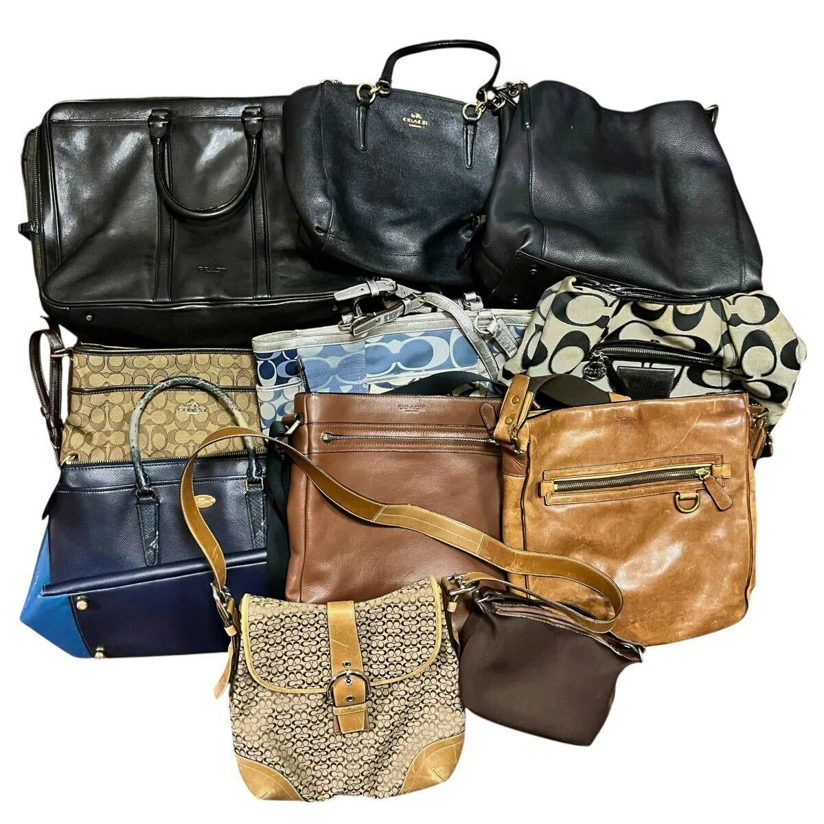 Multiple COACH bags and purses in leather and signature canvas patterns arranged together against a white background.