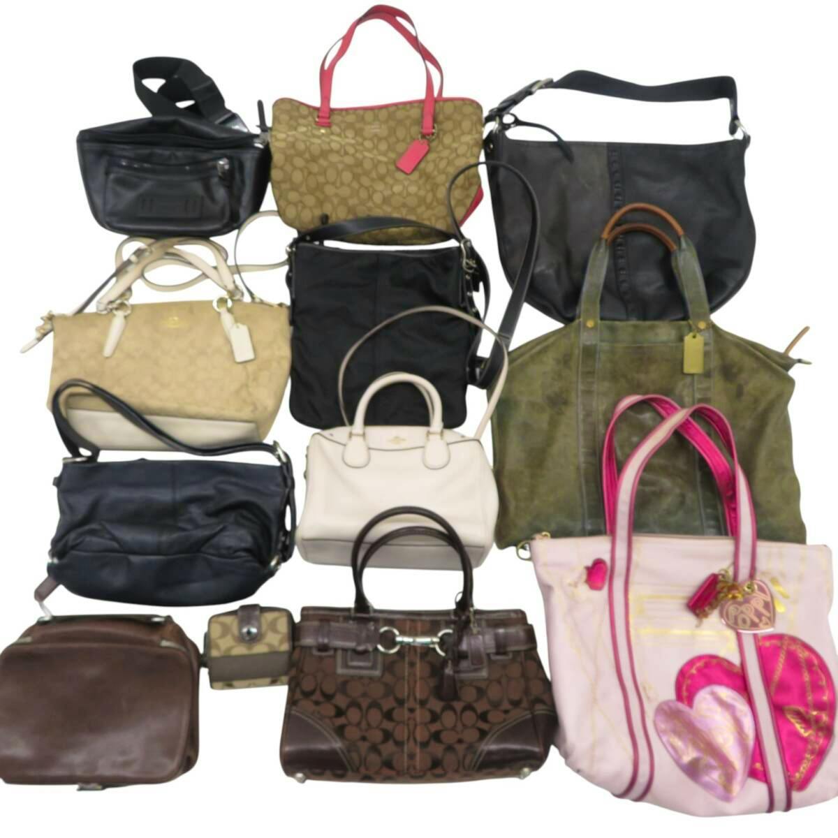A group of twelve assorted COACH canvas and leather handbags and totes arranged on a white background.