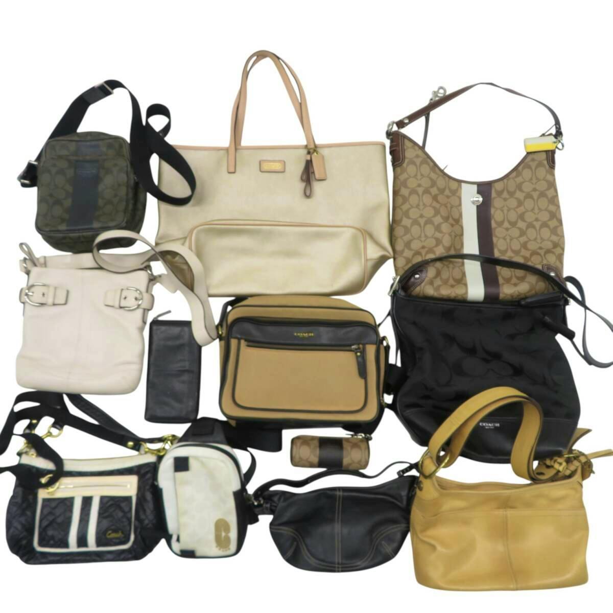 Twelve assorted COACH canvas and leather handbags and small bags arranged on a white background.