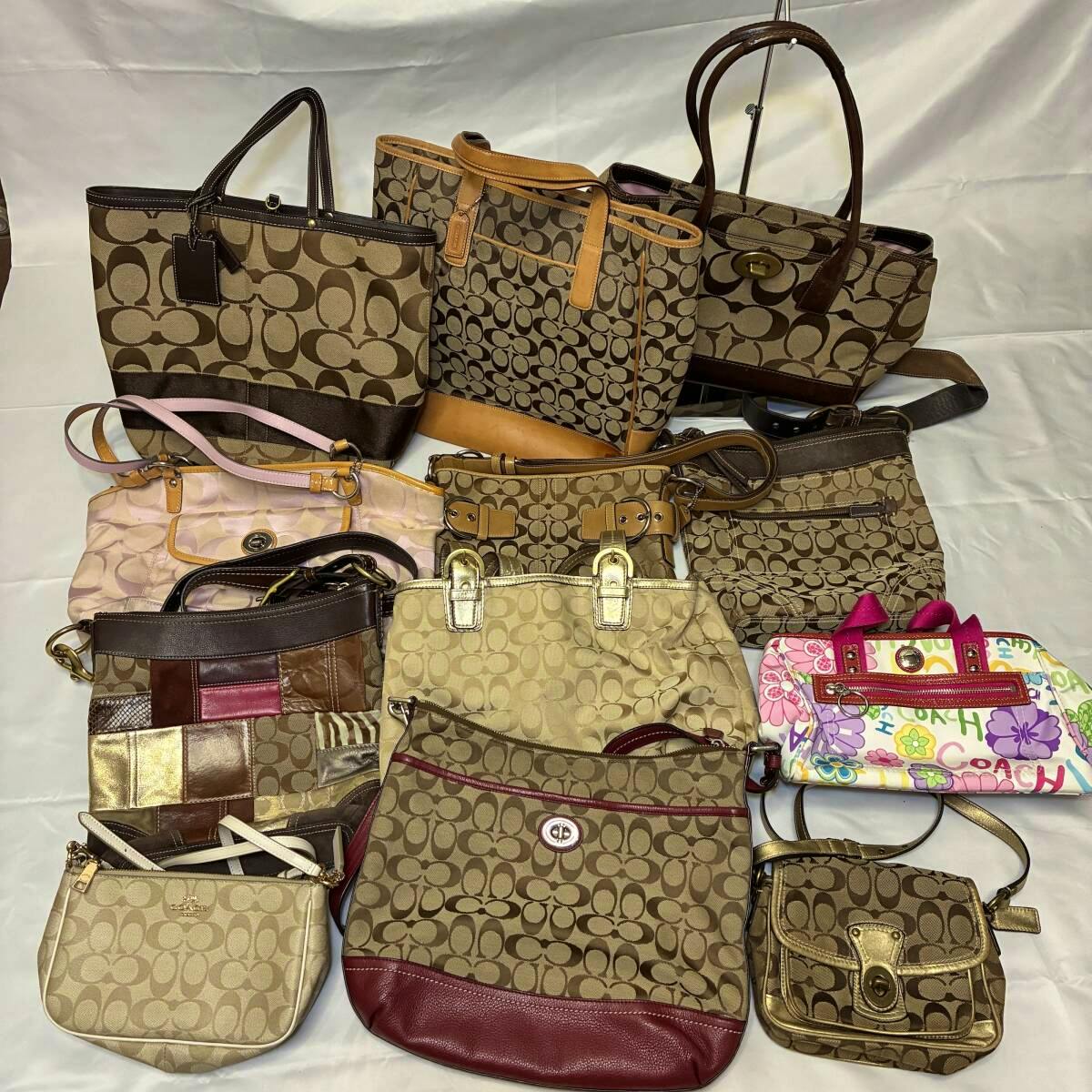 A group of Coach signature canvas handbags and small bags arranged together on a white background, showing various styles and colors.
