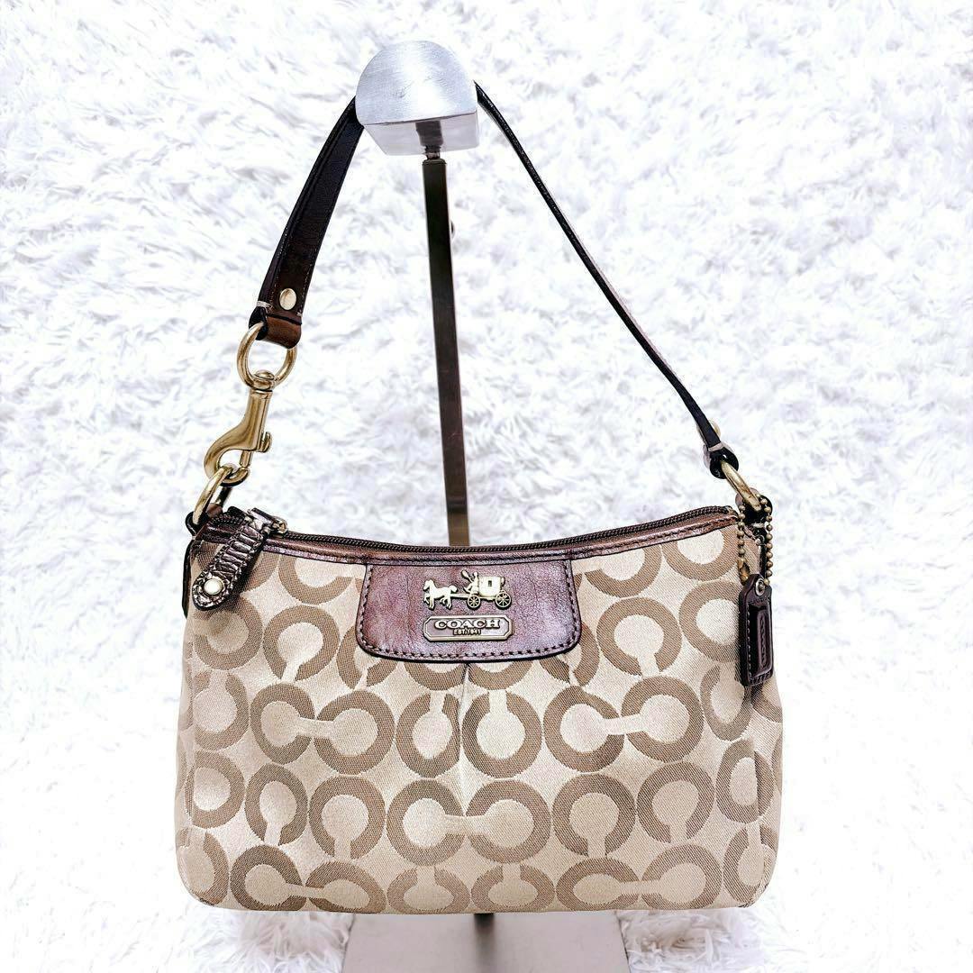 A Coach signature canvas one-shoulder accessory pouch with brown leather trim and logo plaque displayed on a stand against a white background.