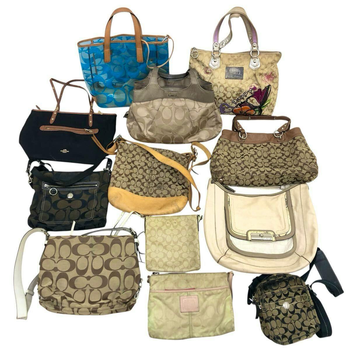 Twelve assorted Coach bags, many with the signature C canvas pattern, arranged on a white background.