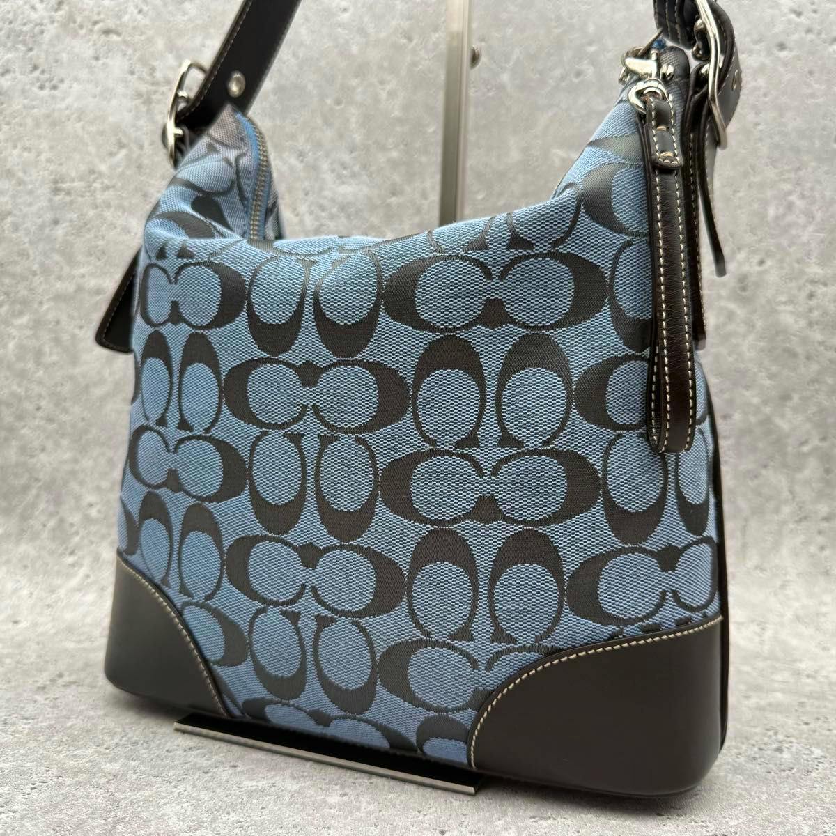 Blue Coach signature canvas shoulder bag with dark leather trim photographed from a side/front view.
