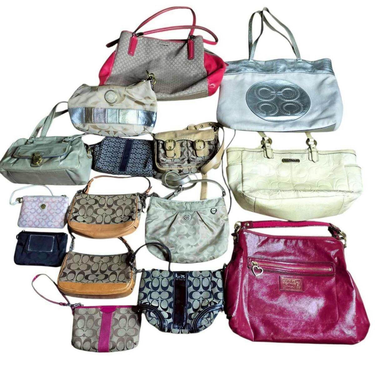 Multiple COACH bags and small accessories arranged on a white background showing various signature patterns and colors.