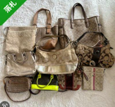 Photo of ten assorted Coach signature canvas and leather bags arranged on a light surface.