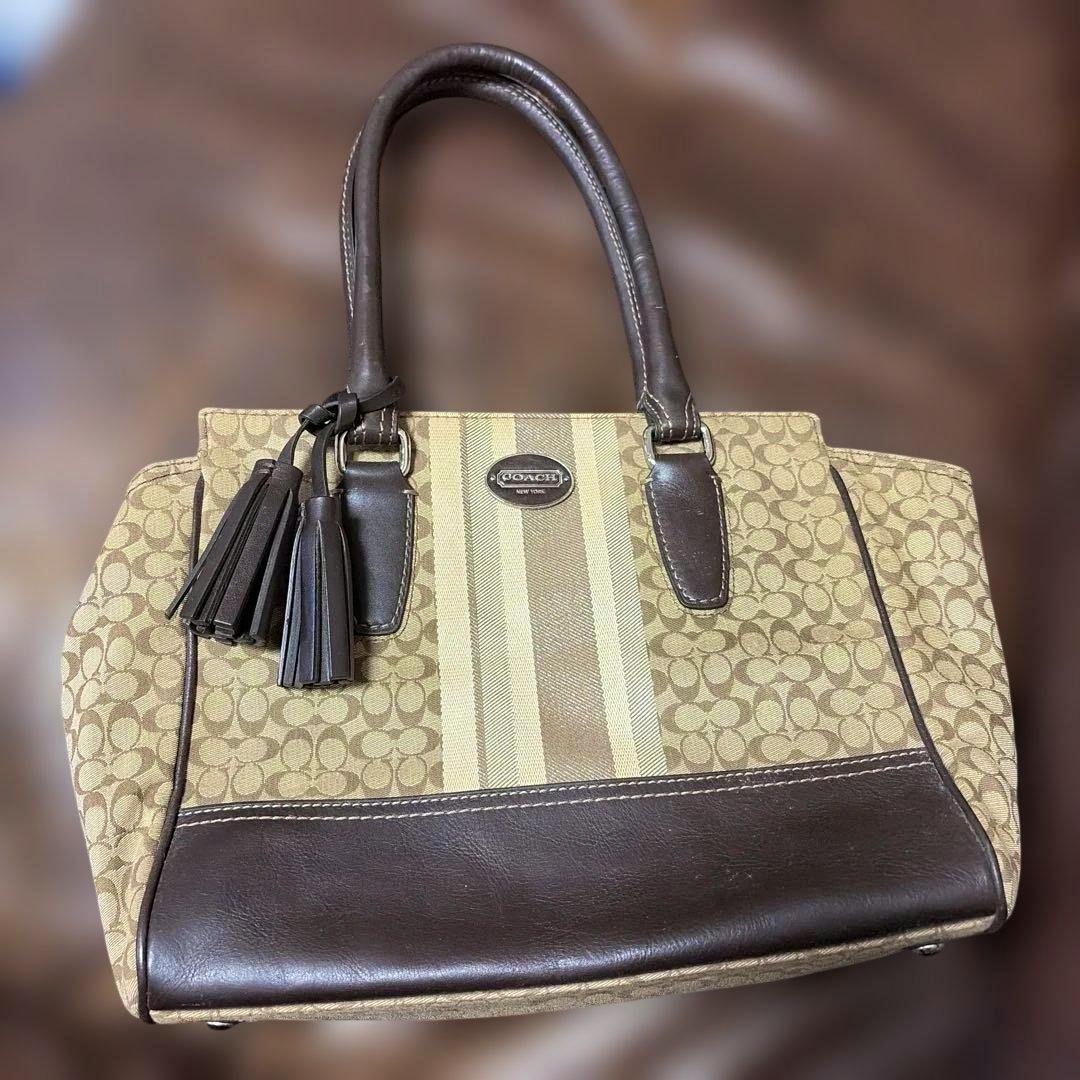 COACH canvas tote bag showing signature C pattern, central striped panel, brown leather trim and tassel handles.