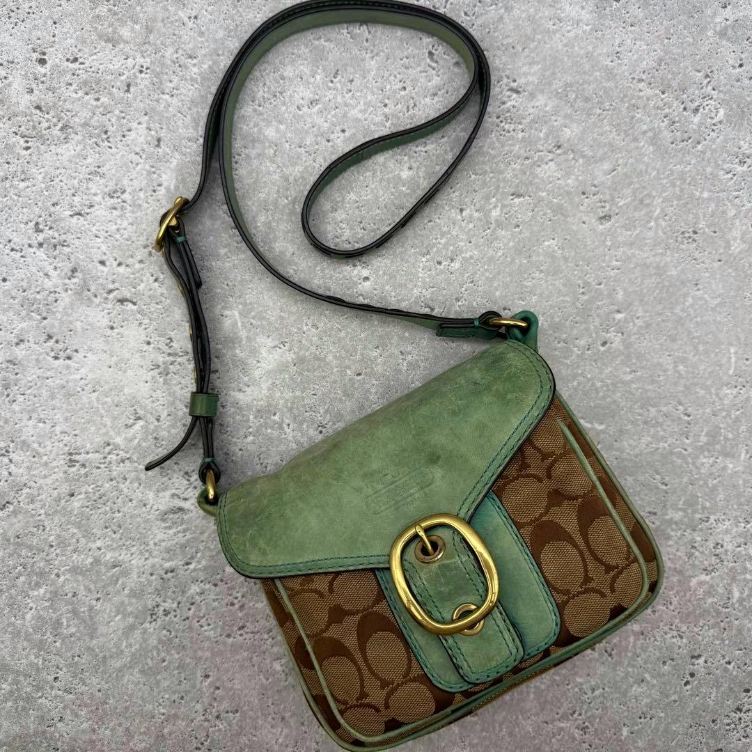 Green COACH Soho signature shoulder bag with brown monogram canvas, green leather flap, gold buckle, and a shoulder strap photographed on a gray background.