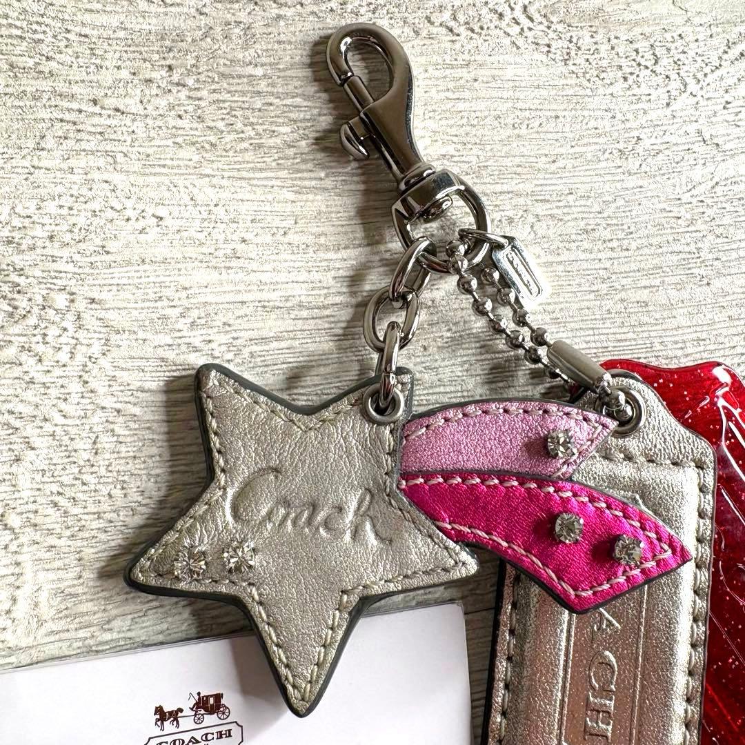 Close-up of a COACH leather star and tag bag charm with pink wing detail and metal clasp on a light textured surface.